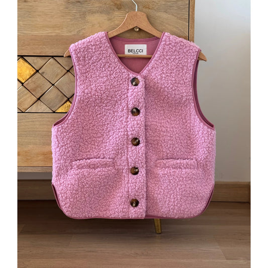 GILET SANS MANCHES EN MOUMOUTE COULEUR ROSE BONBON